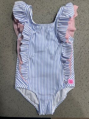 Ruffle Butts Toddler Girls UPF50+ Seersucker Waterfall One Piece Swimsuit 3T